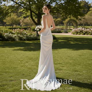 Modern Plunging Necklines Silk Wedding Dresses with Spaghetti Straps - Rosymae
