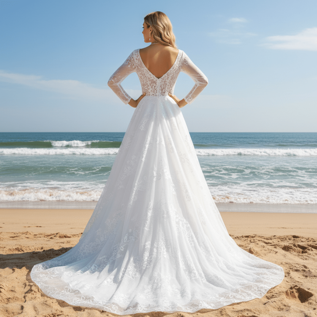 Modern Sheer Bodice A-line V-neck Lace Wedding Dress with Long Sleeves - Rosymae