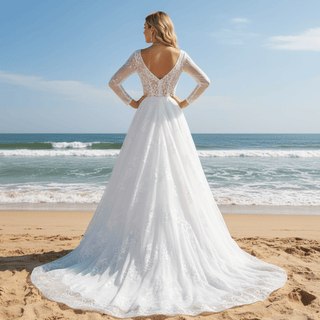 Modern Sheer Bodice A-line V-neck Lace Wedding Dress with Long Sleeves - Rosymae