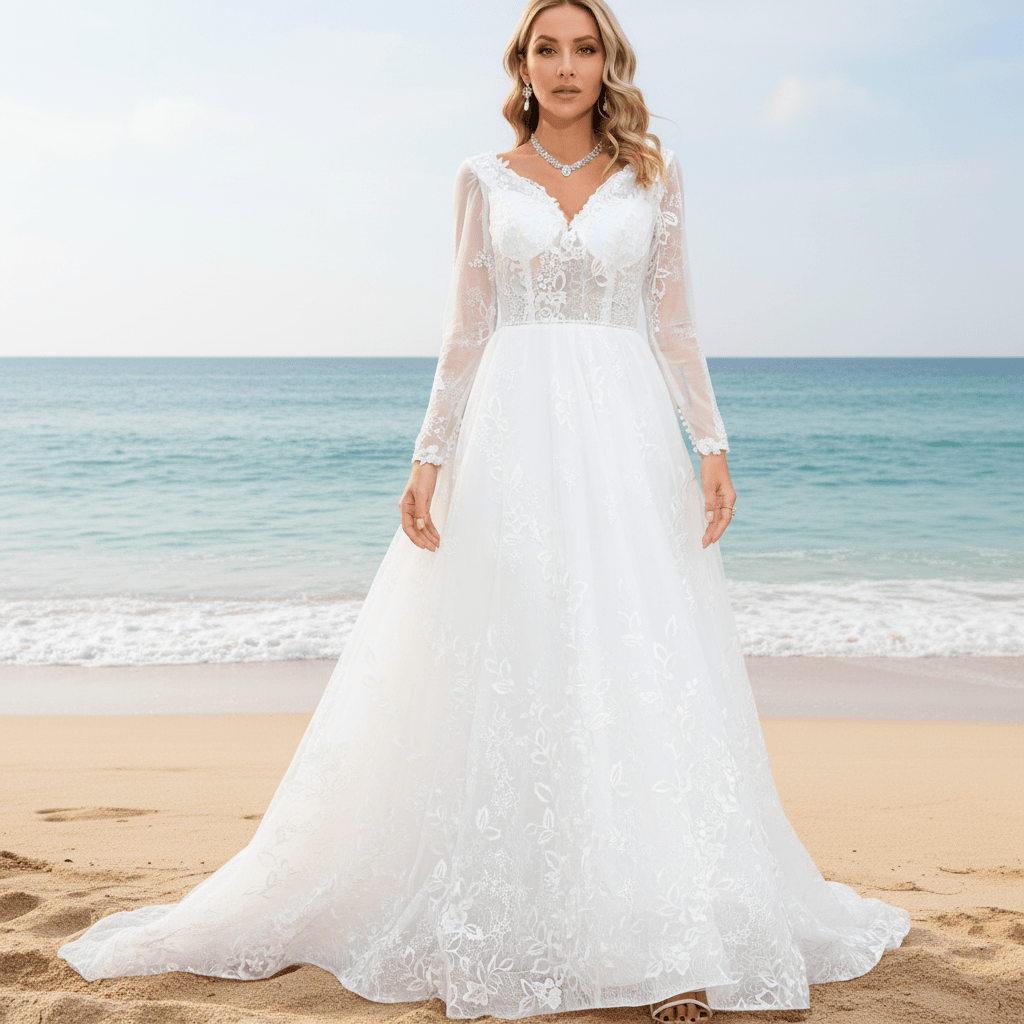 Modern Sheer Bodice A-line V-neck Lace Wedding Dress with Long Sleeves - Rosymae