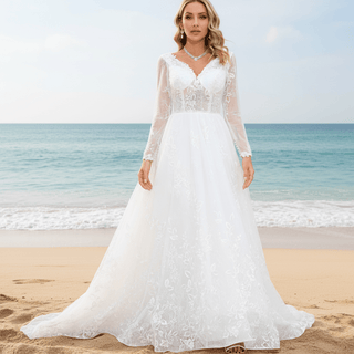 Modern Sheer Bodice A-line V-neck Lace Wedding Dress with Long Sleeves - Rosymae
