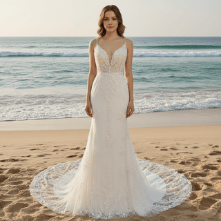 Modern V Neck Lace Spaghetti Strap Mermaid Wedding Dress Open Back - Rosymae