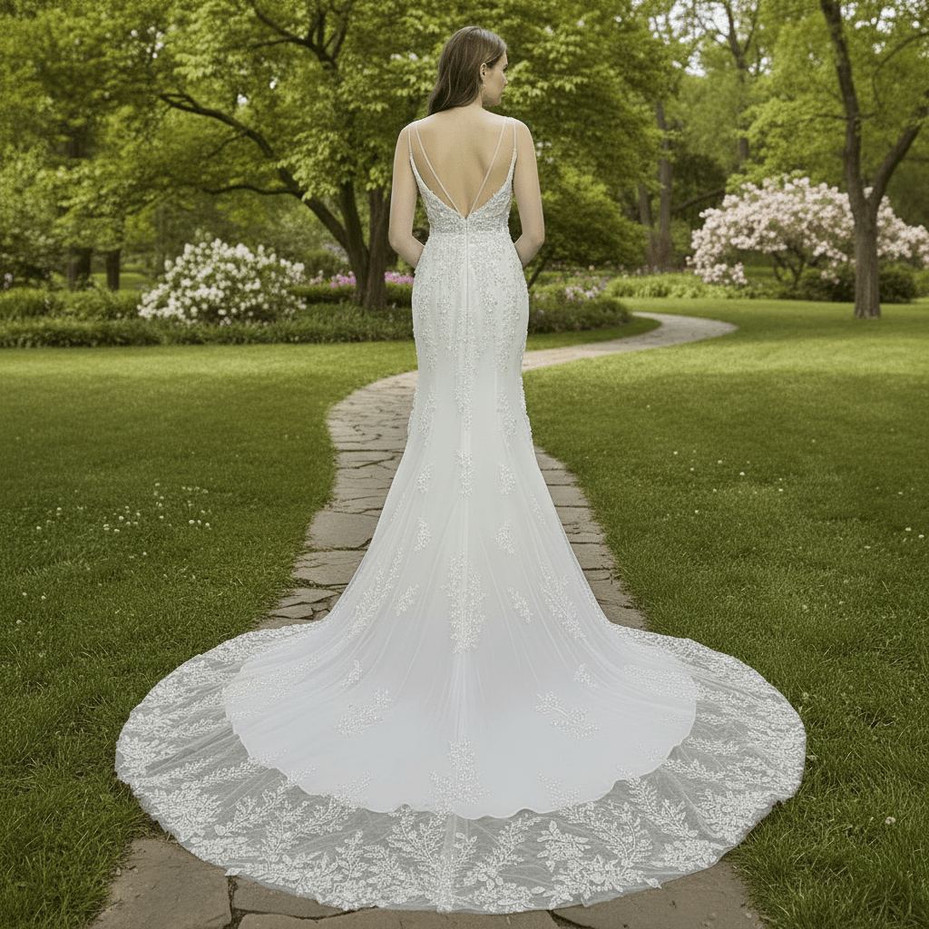 Modern V Neck Lace Spaghetti Strap Mermaid Wedding Dress Open Back - Rosymae