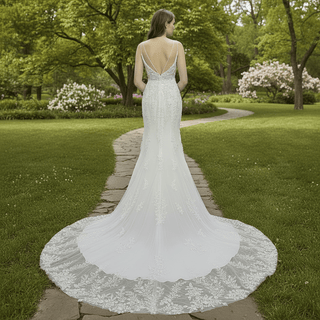 Modern V Neck Lace Spaghetti Strap Mermaid Wedding Dress Open Back - Rosymae