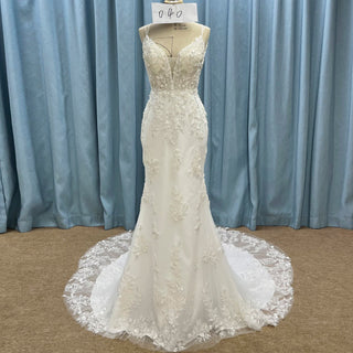 Modern V Neck Lace Spaghetti Strap Mermaid Wedding Dress Open Back - Rosymae