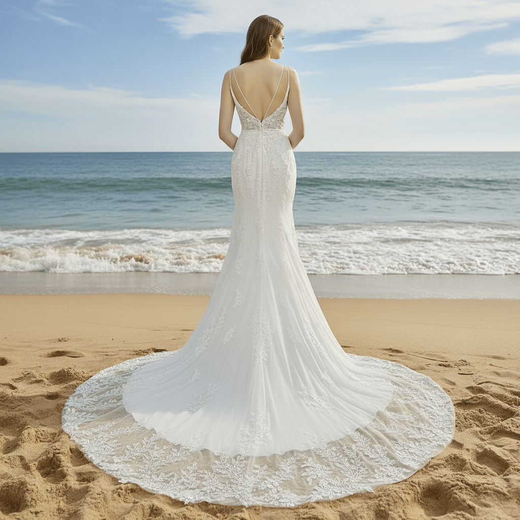 Modern V Neck Lace Spaghetti Strap Mermaid Wedding Dress Open Back - Rosymae