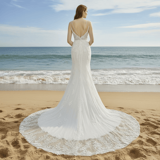 Modern V Neck Lace Spaghetti Strap Mermaid Wedding Dress Open Back - Rosymae