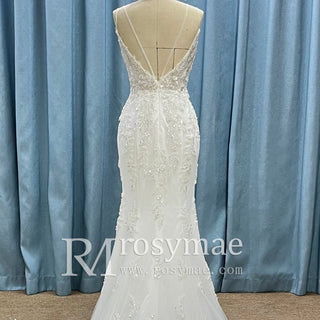 Modern V Neck Lace Spaghetti Strap Mermaid Wedding Dress Open Back - Rosymae