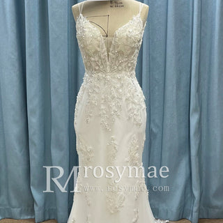 Modern V Neck Lace Spaghetti Strap Mermaid Wedding Dress Open Back - Rosymae