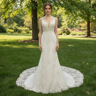 Modern V Neck Lace Spaghetti Strap Mermaid Wedding Dress Open Back - Rosymae