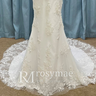 Modern V Neck Lace Spaghetti Strap Mermaid Wedding Dress Open Back - Rosymae