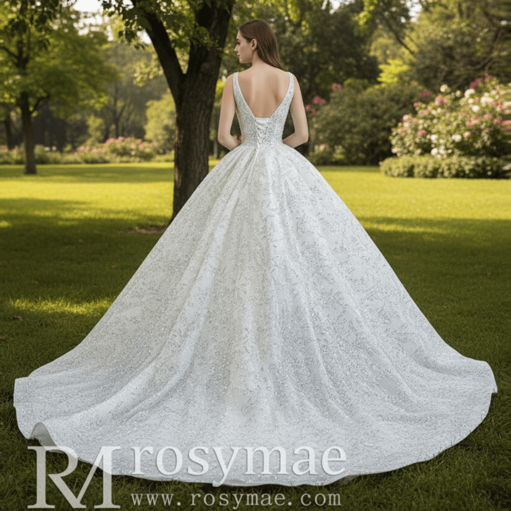 Modest and Sparkly Ball Gown Wedding Dress with V-Neck - Rosymae