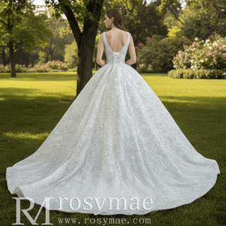 Modest and Sparkly Ball Gown Wedding Dress with V-Neck - Rosymae