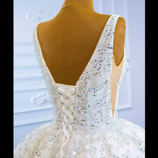 Modest and Sparkly Ball Gown Wedding Dress with V-Neck - Rosymae