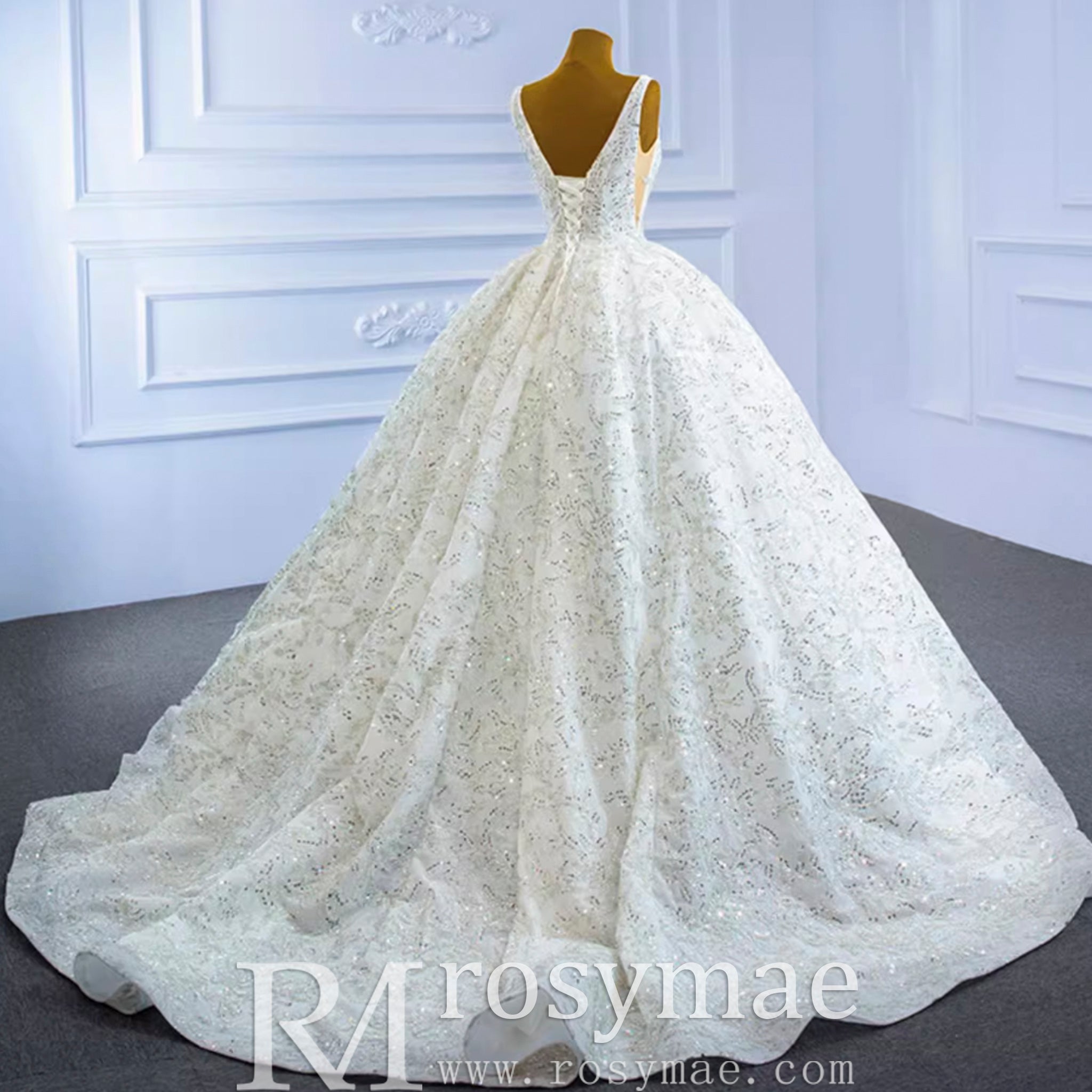 Modest and Sparkly Ball Gown Wedding Dress with V-Neck - Rosymae