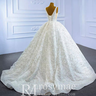 Modest and Sparkly Ball Gown Wedding Dress with V-Neck - Rosymae