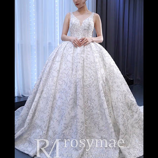 Modest and Sparkly Ball Gown Wedding Dress with V-Neck - Rosymae