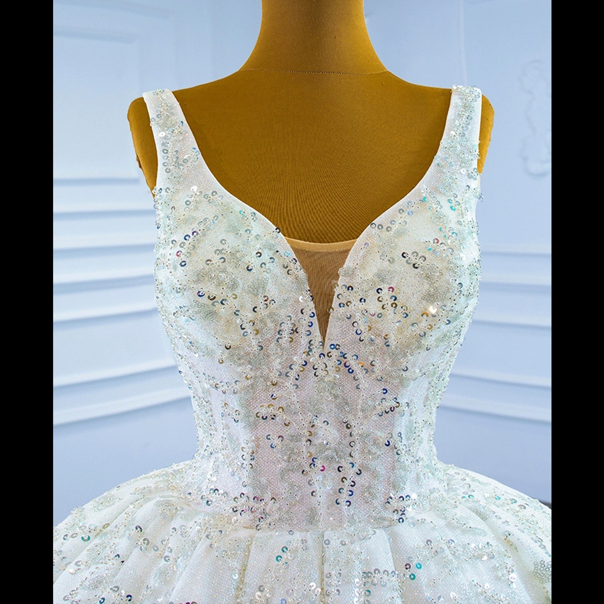 Modest and Sparkly Ball Gown Wedding Dress with V-Neck - Rosymae