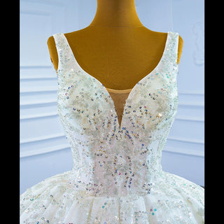 Modest and Sparkly Ball Gown Wedding Dress with V-Neck - Rosymae