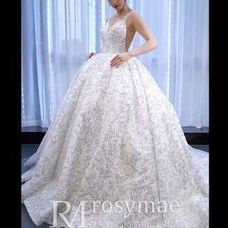 Modest and Sparkly Ball Gown Wedding Dress with V-Neck - Rosymae