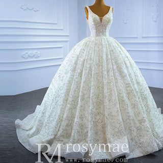 Modest and Sparkly Ball Gown Wedding Dress with V-Neck - Rosymae