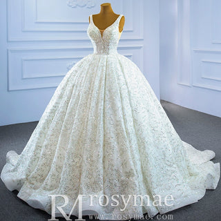 Modest and Sparkly Ball Gown Wedding Dress with V-Neck - Rosymae