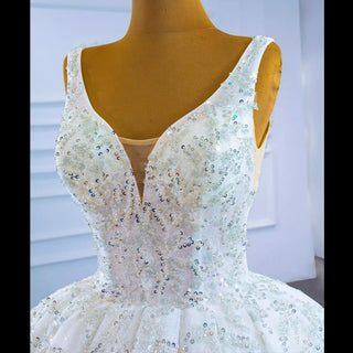 Modest and Sparkly Ball Gown Wedding Dress with V-Neck - Rosymae