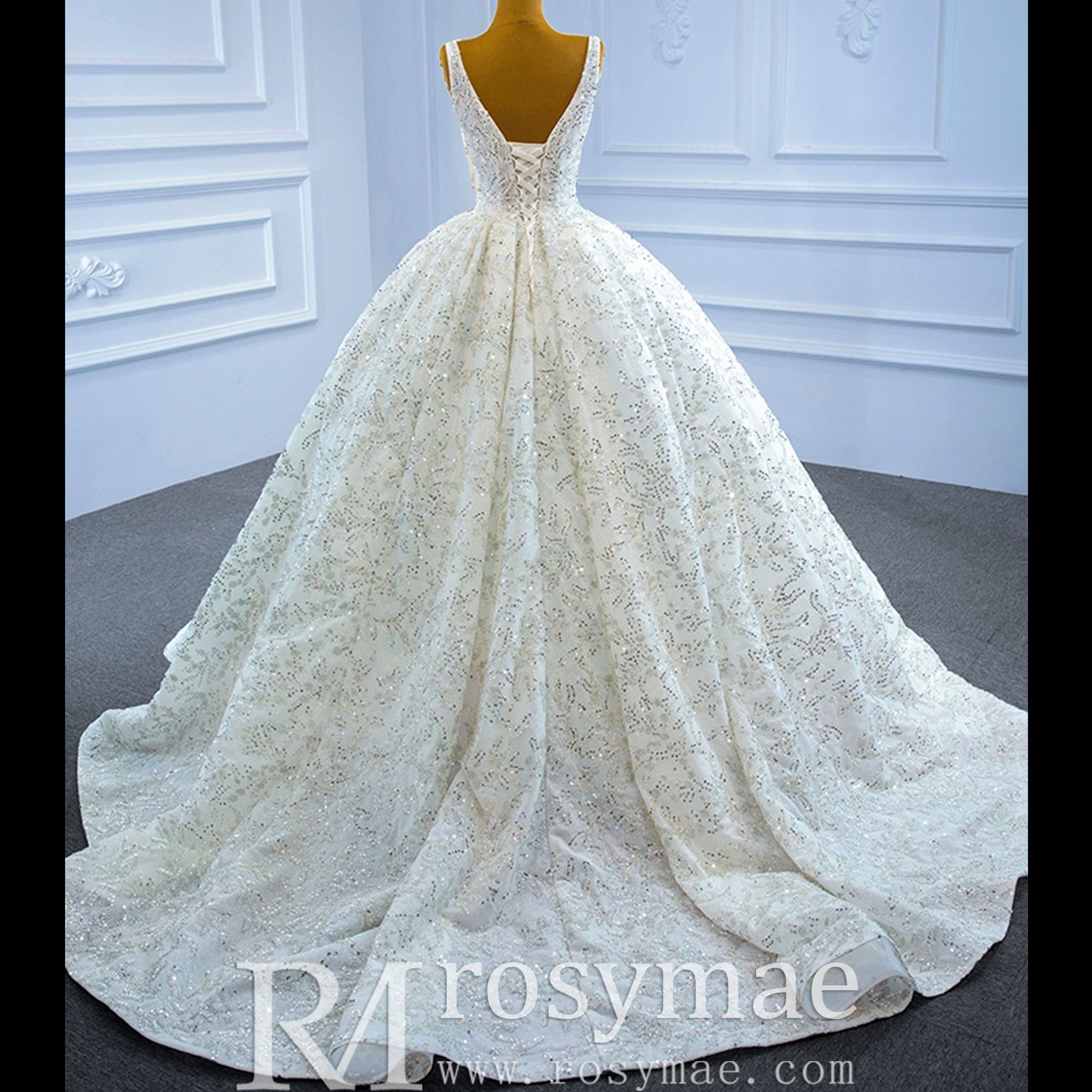 Modest and Sparkly Ball Gown Wedding Dress with V-Neck - Rosymae