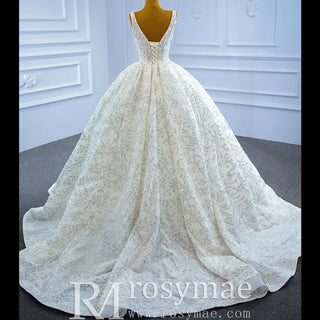 Modest and Sparkly Ball Gown Wedding Dress with V-Neck - Rosymae