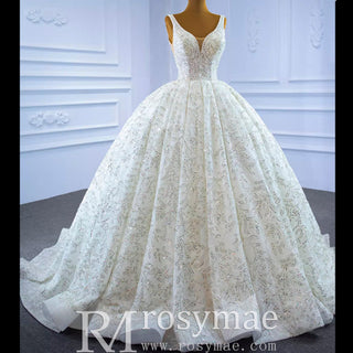 Modest and Sparkly Ball Gown Wedding Dress with V-Neck - Rosymae