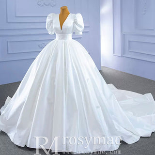 Modest Ball Gown Half Puff Sleeve Satin Wedding Dress with Vneck - Rosymae