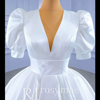 Modest Ball Gown Half Puff Sleeve Satin Wedding Dress with Vneck - Rosymae