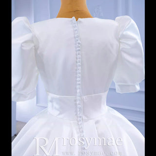 Modest Ball Gown Half Puff Sleeve Satin Wedding Dress with Vneck - Rosymae