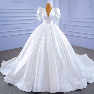 Modest Ball Gown Half Puff Sleeve Satin Wedding Dress with Vneck - Rosymae