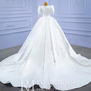 Modest Ball Gown Half Puff Sleeve Satin Wedding Dress with Vneck - Rosymae