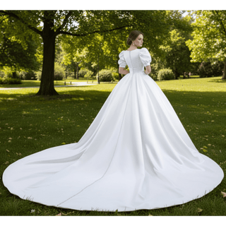 Modest Ball Gown Half Puff Sleeve Satin Wedding Dress with Vneck - Rosymae