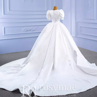 Modest Ball Gown Half Puff Sleeve Satin Wedding Dress with Vneck - Rosymae