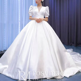 Modest Ball Gown Half Puff Sleeve Satin Wedding Dress with Vneck - Rosymae