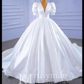 Modest Ball Gown Half Puff Sleeve Satin Wedding Dress with Vneck - Rosymae