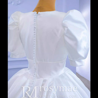 Modest Ball Gown Half Puff Sleeve Satin Wedding Dress with Vneck - Rosymae