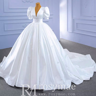 Modest Ball Gown Half Puff Sleeve Satin Wedding Dress with Vneck - Rosymae