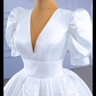 Modest Ball Gown Half Puff Sleeve Satin Wedding Dress with Vneck - Rosymae