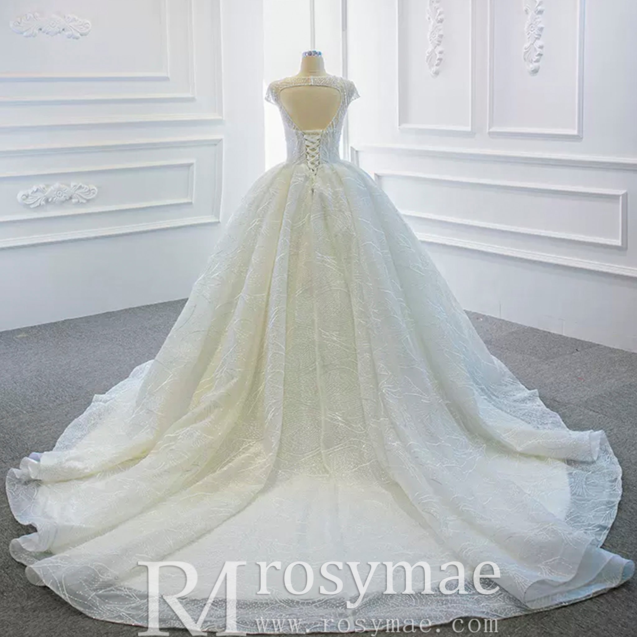 Modest Ball Gown Sparkly Wedding Dress with Keyhole Back - Rosymae