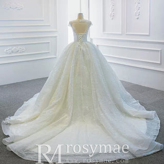 Modest Ball Gown Sparkly Wedding Dress with Keyhole Back - Rosymae