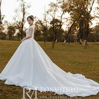 Modest Ball Gown Sparkly Wedding Dress with Keyhole Back - Rosymae
