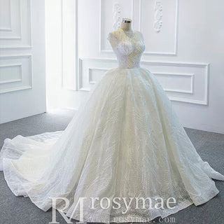 Modest Ball Gown Sparkly Wedding Dress with Keyhole Back - Rosymae