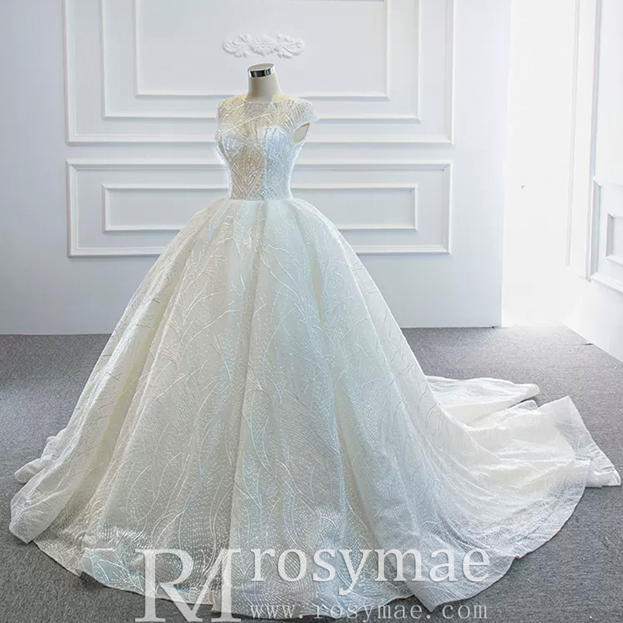 Modest Ball Gown Sparkly Wedding Dress with Keyhole Back - Rosymae