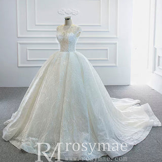 Modest Ball Gown Sparkly Wedding Dress with Keyhole Back - Rosymae