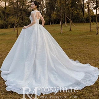 Modest Ball Gown Sparkly Wedding Dress with Keyhole Back - Rosymae