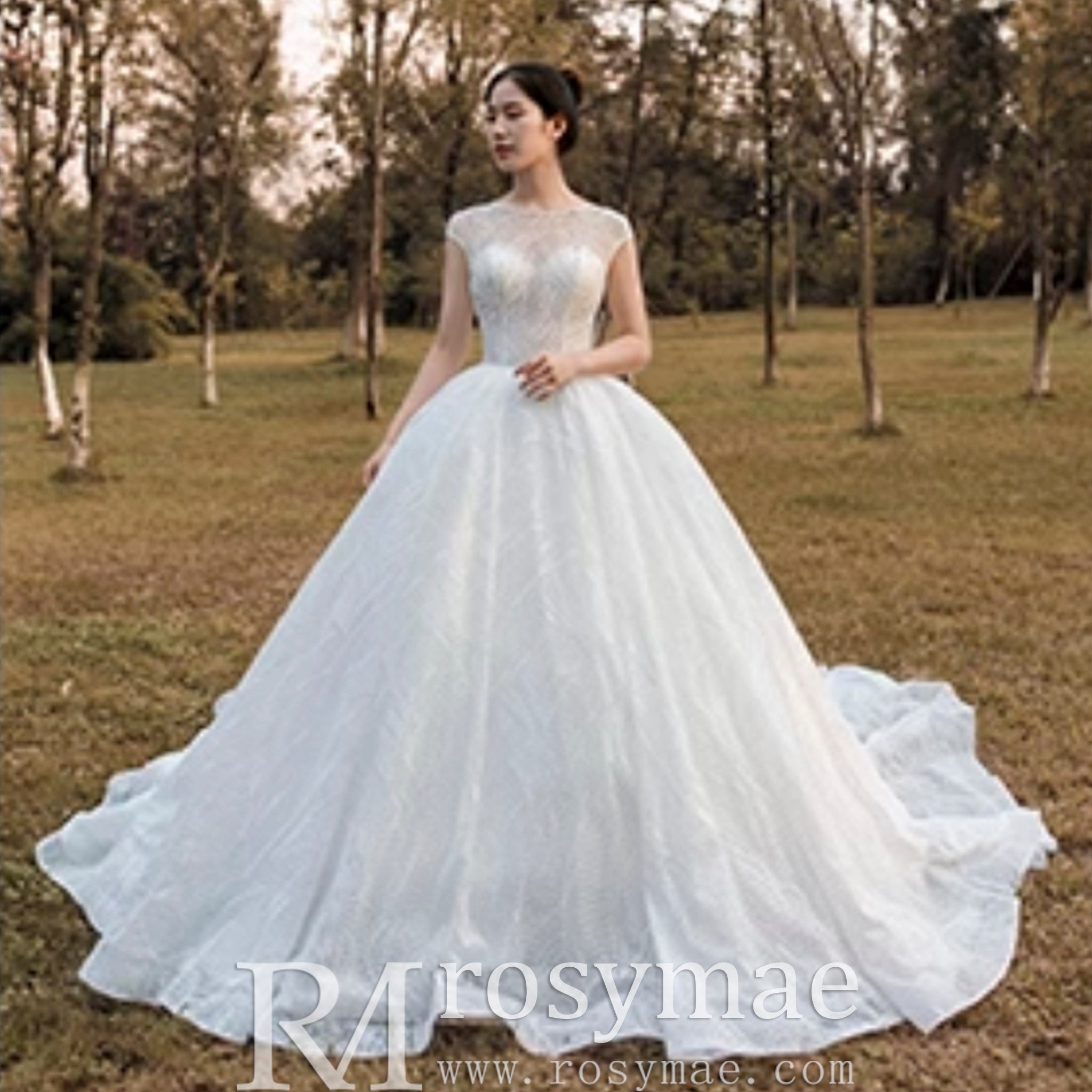Modest Ball Gown Sparkly Wedding Dress with Keyhole Back - Rosymae